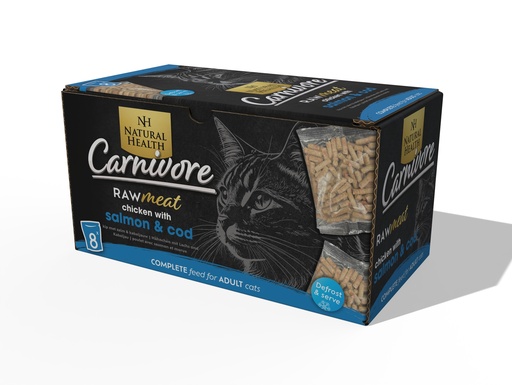 [NH73008] Natural Health Cat Carnivore Raw Kip met zalm en makreel 8 x 60 gr.